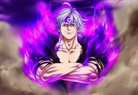 HD anime desktop wallpaper featuring Estarossa from The Seven Deadly Sins, surrounded by glowing purple flames and a smoky background.