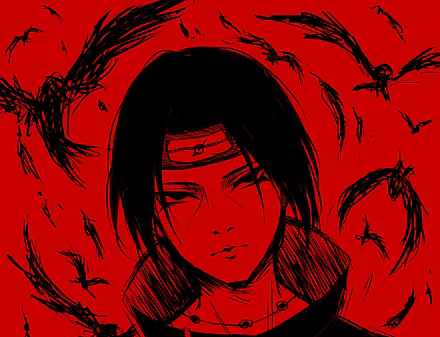Itachi Uchiha (Naruto) anime HD PC desktop wallpaper: stoic portrait with headband, dark hair and crows swirling against a blood-red backdrop.