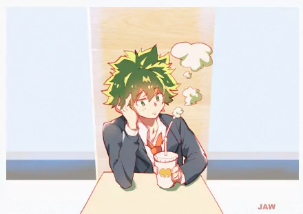 Izuku Midoriya (My Hero Academia) anime portrait — daydreaming at a table with a straw cup, soft pastel colors; 2K Quad HD PC desktop wallpaper/background.