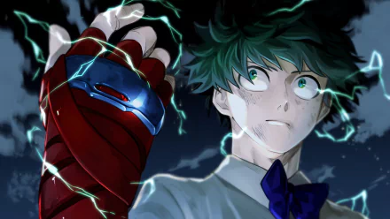 Izuku Midoriya from My Hero Academia: Two Heroes is shown in an 8K Ultra HD anime wallpaper, with intense expression and electric energy surrounding his gloved fist.