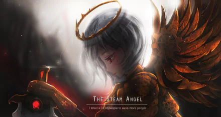 HD anime desktop wallpaper of a white-haired angel with glowing red eyes, a golden halo, and detailed bronze wings, titled The Steam Angel.