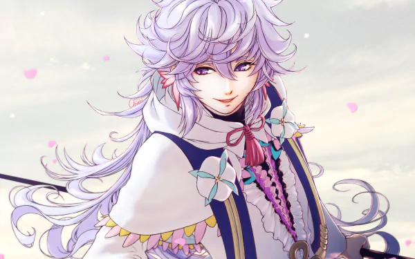HD PC desktop wallpaper of Merlin (Fate Series) from Fate/Grand Order — pastel anime portrait with flowing lavender hair, ornate white cloak, floral accents, and a gentle smile.