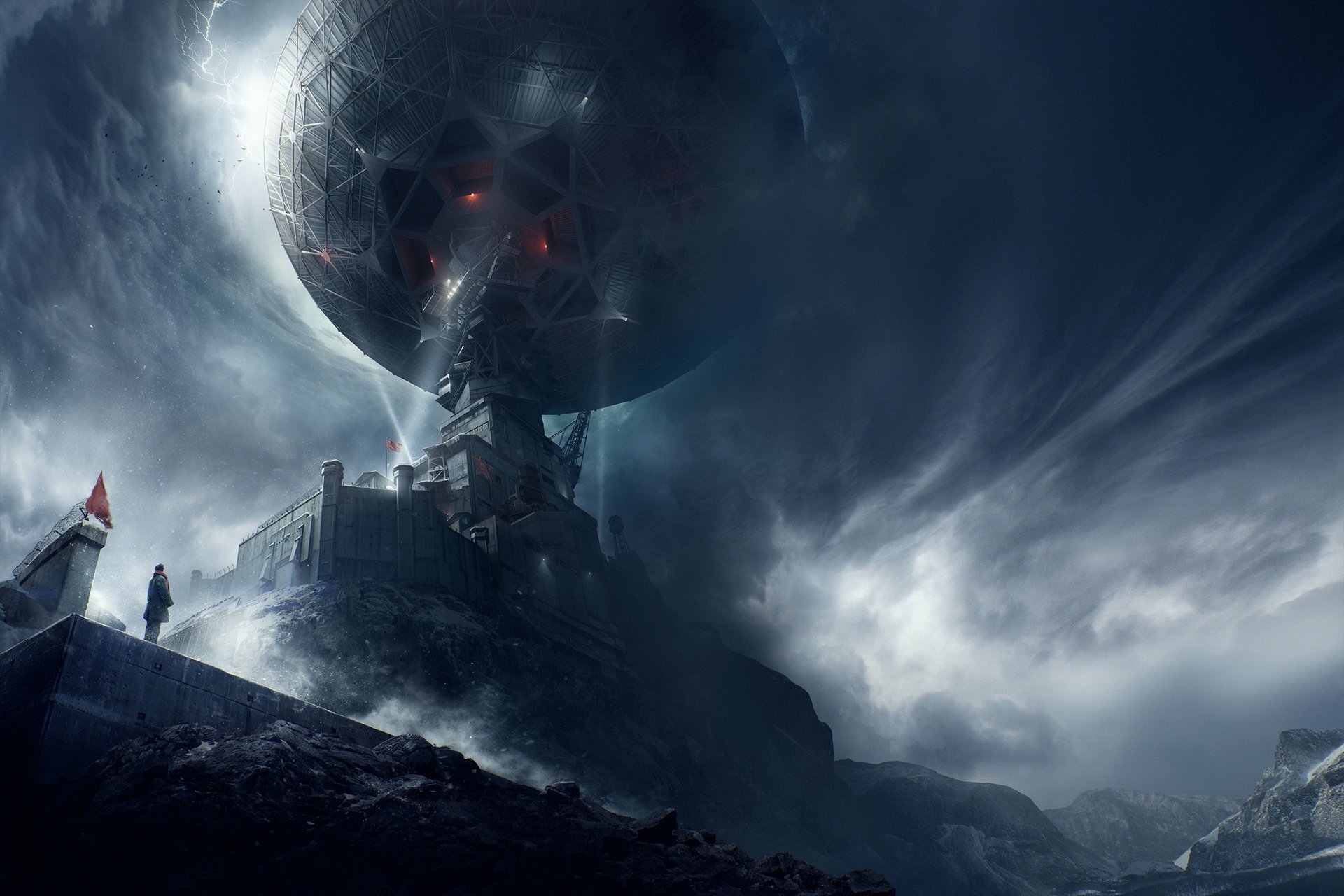 HD PC desktop wallpaper/background: moody sci‑fi landscape with a towering fortress-like building beneath a colossal geodesic sphere, stormy skies and a lone figure on a rocky ridge.