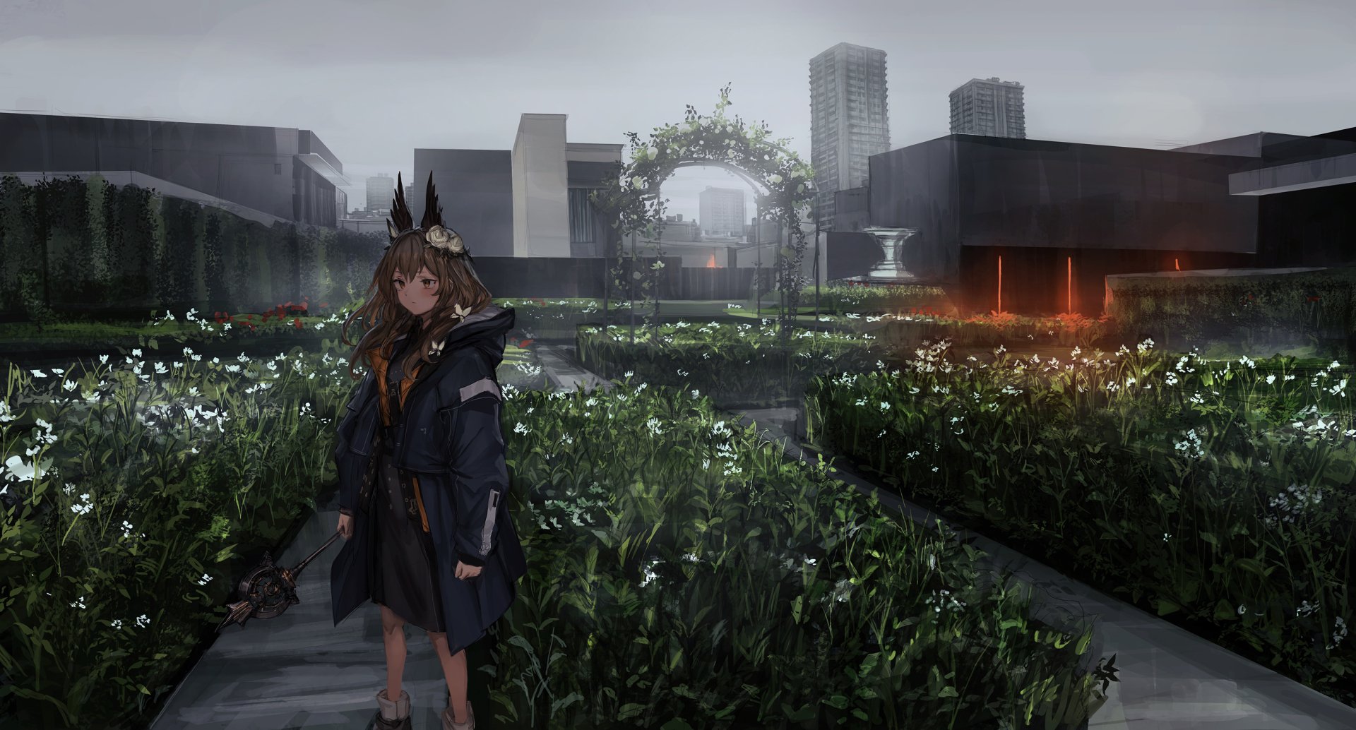 Anime-style character with long brown hair and yellow eyes stands in a lush rooftop garden, surrounded by flowers and city skyscrapers under a moody sky.