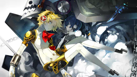 HD PC desktop wallpaper of Minato Arisato and Aigis (Persona) from the video game Persona 3, Minato in his school uniform and Aigis with mechanical limbs posed against a dramatic, smoky background.