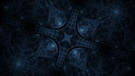 Abstract blue fractal pattern with intricate swirling shapes forming a symmetrical design, rendered in high definition as a PC desktop wallpaper and background.