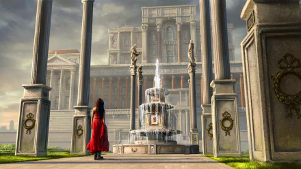 A woman in a red dress stands near a fountain surrounded by columns in front of a grand building with statues, in a fantasy HD PC desktop wallpaper scene.