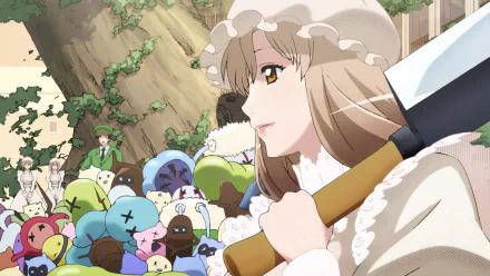 HD anime wallpaper featuring Macrophage from Cells at Work! holding a large weapon, surrounded by colorful, stylized cells in a forest setting.