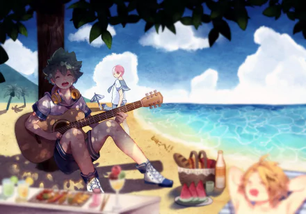 2K Quad HD PC wallpaper of My Hero Academia: Denki Kaminari strums a guitar on a sunny beach, Shoto Todoroki nearby, and Izuku Midoriya resting on the sand.