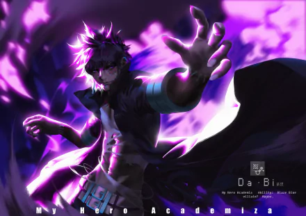 HD anime wallpaper featuring Dabi from My Hero Academia, surrounded by dark purple flames and a dynamic, intense pose.