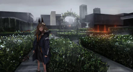 Anime-style character with long brown hair and yellow eyes stands in a lush rooftop garden, surrounded by flowers and city skyscrapers under a moody sky.