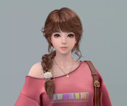 Fantasy woman portrait—HD PC desktop wallpaper: stylized young woman with braided brown hair, soft features, pink off-shoulder top and gold pendant on neutral gray background.