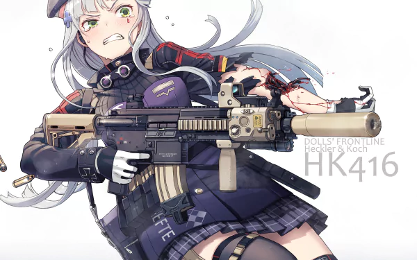 HD PC desktop wallpaper featuring HK416 from the Girls Frontline video game, showcasing the character in dynamic action with detailed artwork and weaponry.