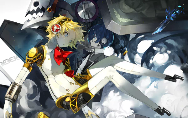 HD PC desktop wallpaper of Minato Arisato and Aigis (Persona) from the video game Persona 3, Minato in his school uniform and Aigis with mechanical limbs posed against a dramatic, smoky background.