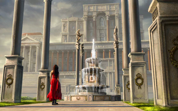 A woman in a red dress stands near a fountain surrounded by columns in front of a grand building with statues, in a fantasy HD PC desktop wallpaper scene.