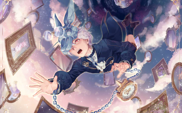 Anime character with white hair and bunny ears, floating in a surreal scene with scattered picture frames and a pocket watch. The artwork is a high-definition original wallpaper background.