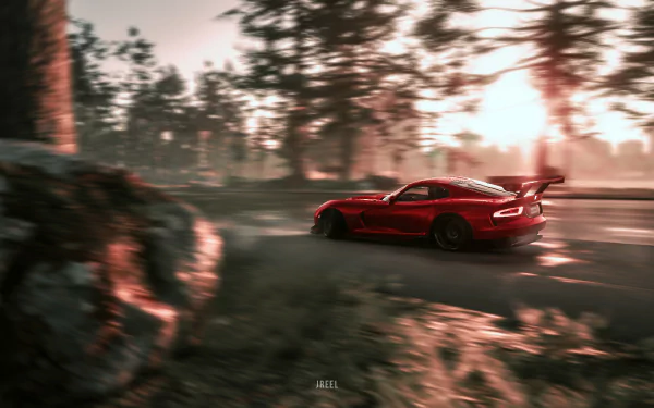 Red Dodge Viper GTS racing through a sunlit forest road, motion-blurred shot from The Crew 2 video game — HD PC desktop wallpaper/background.