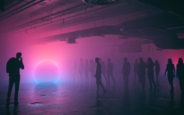 Artistic 4K Ultra HD PC wallpaper showing silhouetted people in a misty, industrial space illuminated by vibrant pink and blue lighting.