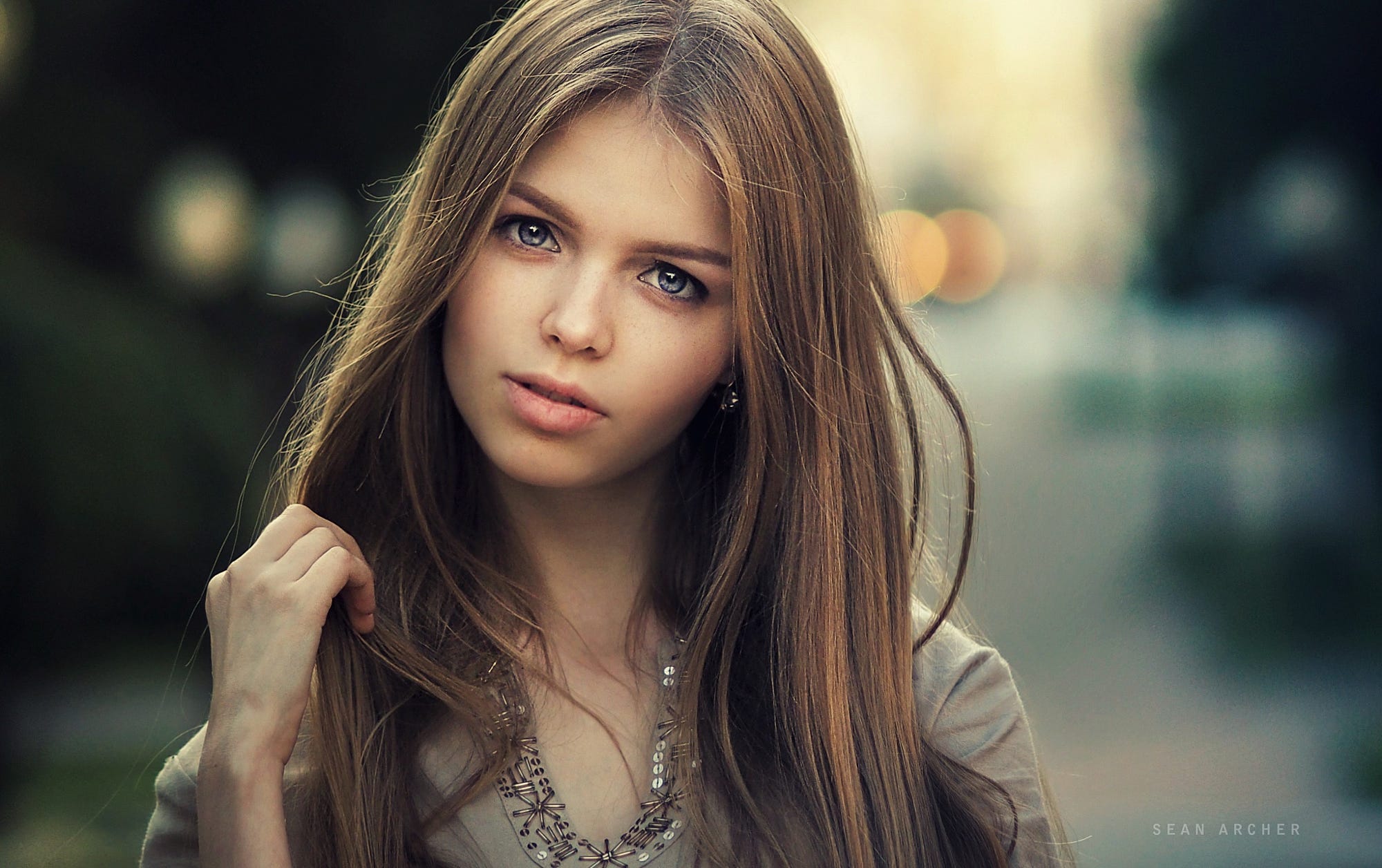 Download Long Hair Brunette Blue Eyes Depth Of Field Woman Model HD