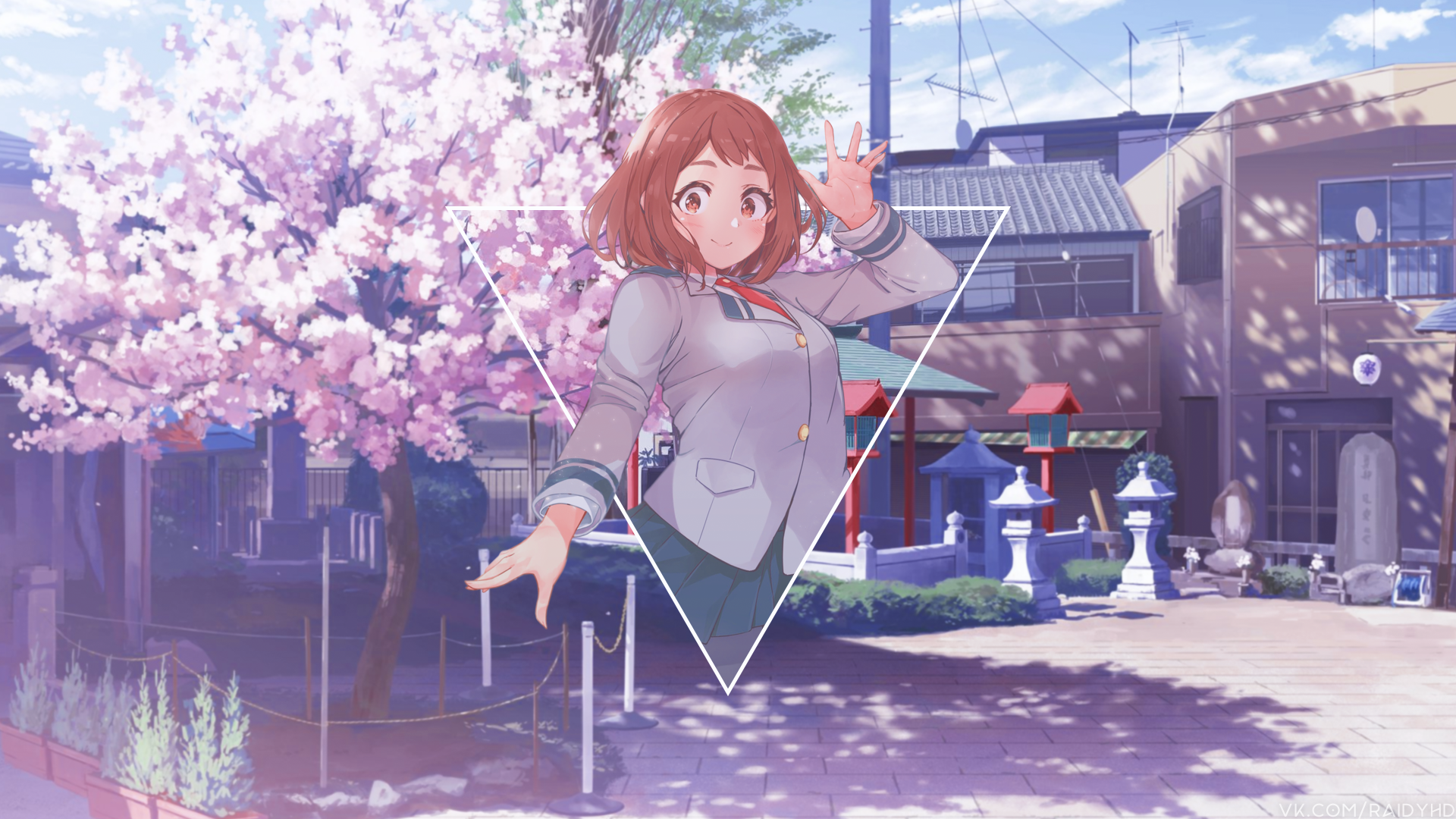 HD wallpaper featuring Ochaco Uraraka from My Hero Academia, set against a picturesque background with cherry blossoms and a sunlit courtyard.