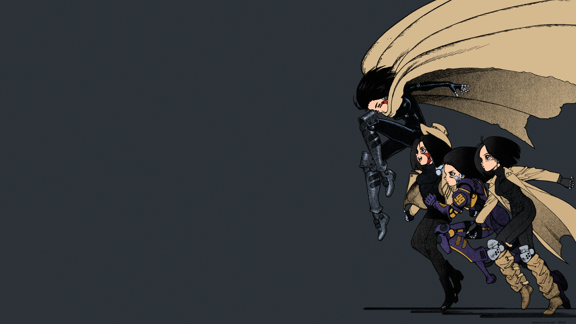 HD PC desktop wallpaper featuring anime characters from Alita: Battle Angel in dynamic action poses against a dark background.