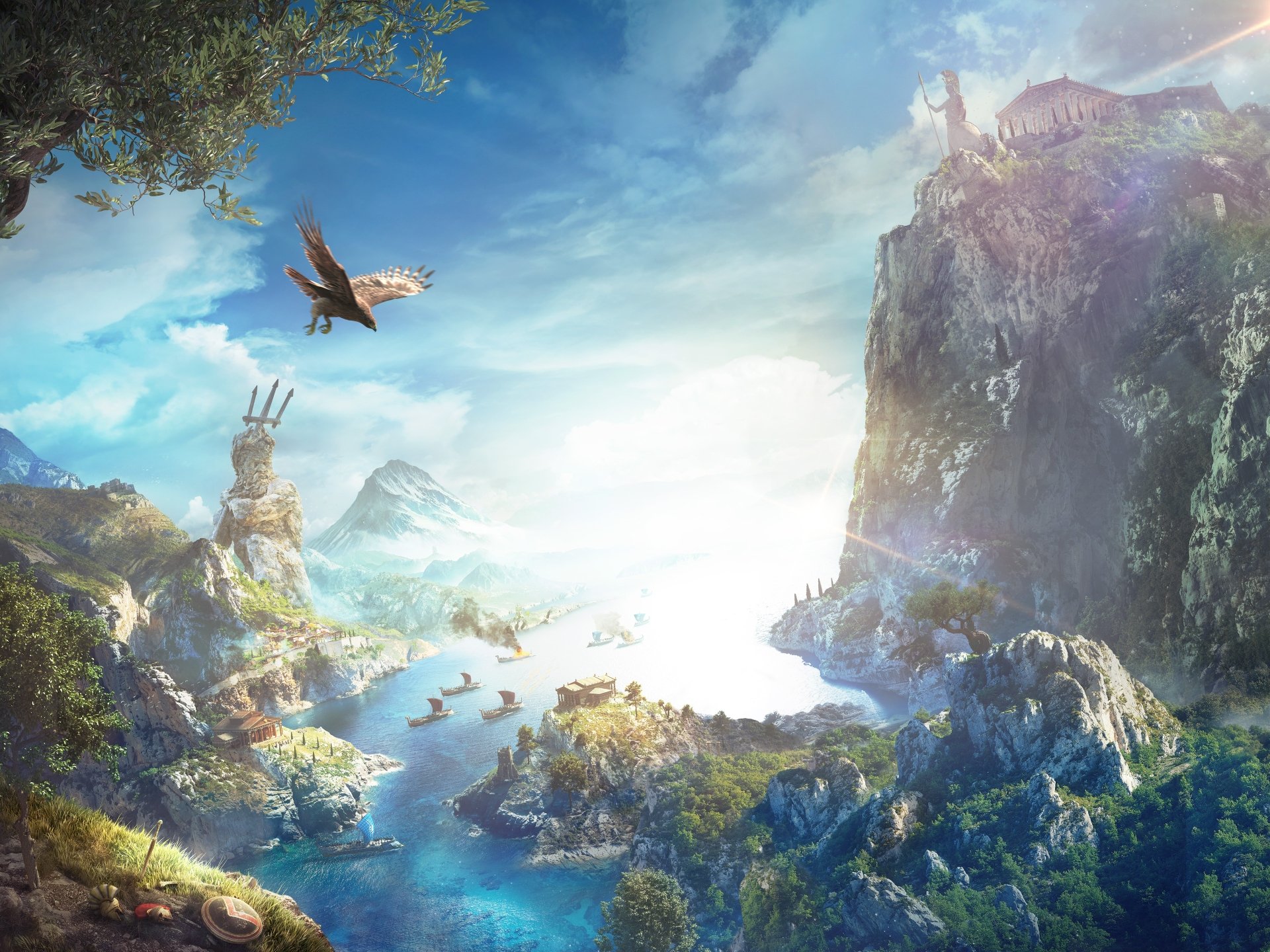 4K Ultra HD desktop wallpaper from Assassin's Creed Odyssey featuring a vivid coastal landscape with soaring eagle and ancient Greek architecture.
