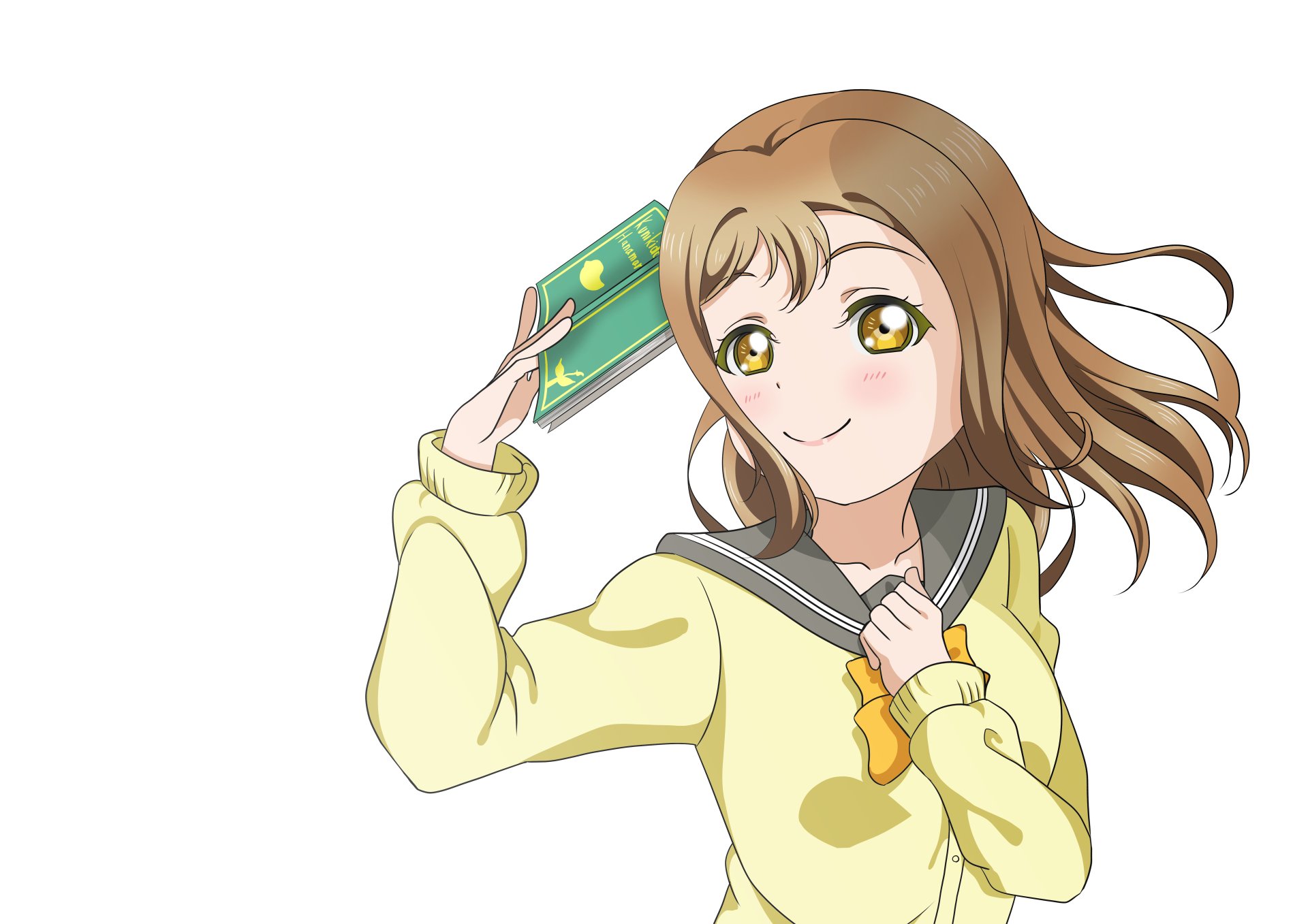Hanamaru Kunikida (Love Live! Sunshine!!) anime art: smiling in a yellow sweater holding a book; 5K Ultra HD PC desktop wallpaper background