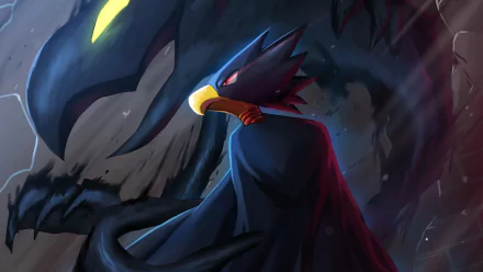 HD wallpaper of Fumikage Tokoyami from My Hero Academia, featuring him with Dark Shadow in a dramatic pose.