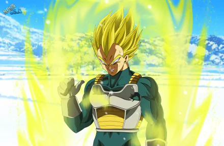 Vegeta from Dragon Ball Super powers up in his Super Saiyan form, glowing with golden aura against a bright sky in this 8K Ultra HD anime desktop wallpaper.