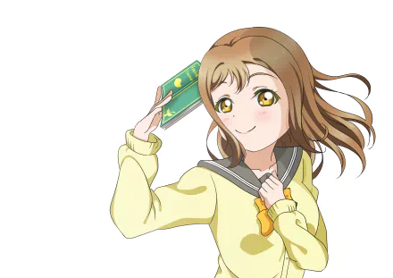 Hanamaru Kunikida (Love Live! Sunshine!!) anime art: smiling in a yellow sweater holding a book; 5K Ultra HD PC desktop wallpaper background