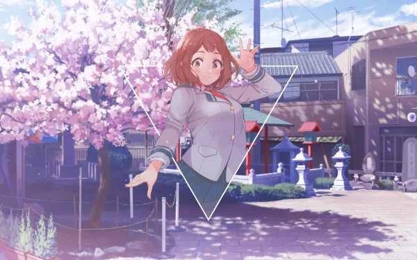 HD wallpaper featuring Ochaco Uraraka from My Hero Academia, set against a picturesque background with cherry blossoms and a sunlit courtyard.