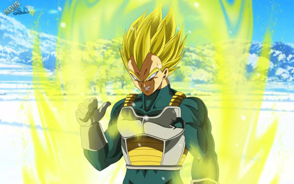 Vegeta from Dragon Ball Super powers up in his Super Saiyan form, glowing with golden aura against a bright sky in this 8K Ultra HD anime desktop wallpaper.