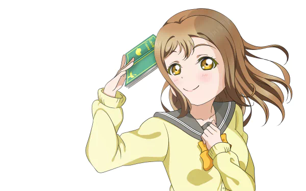 Hanamaru Kunikida (Love Live! Sunshine!!) anime art: smiling in a yellow sweater holding a book; 5K Ultra HD PC desktop wallpaper background