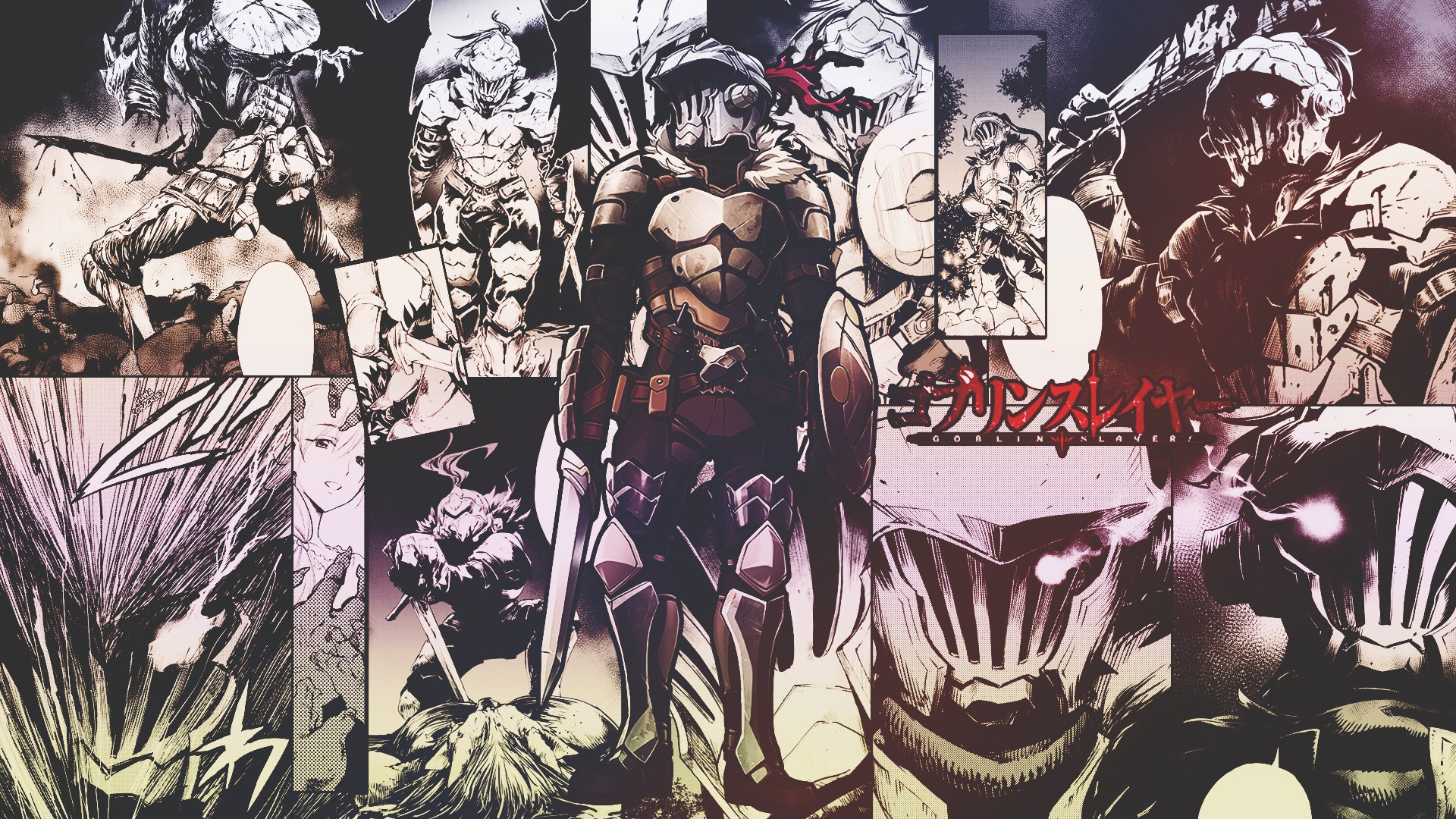 HD Goblin Slayer anime wallpaper featuring the armored protagonist surrounded by menacing goblins in a stylized, comic panel layout.