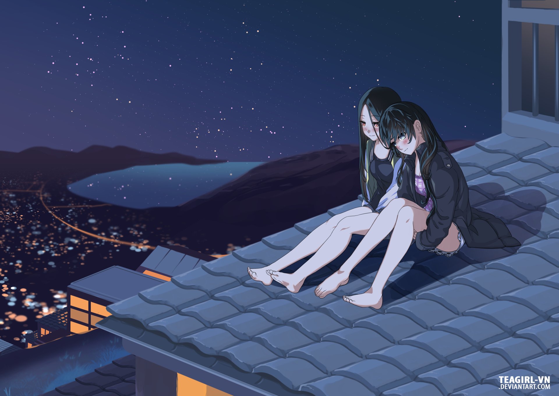 Two anime girls sit barefoot on a rooftop at night under a starry sky, overlooking a city and lake, depicted in a 4K Ultra HD original yuri-themed wallpaper.