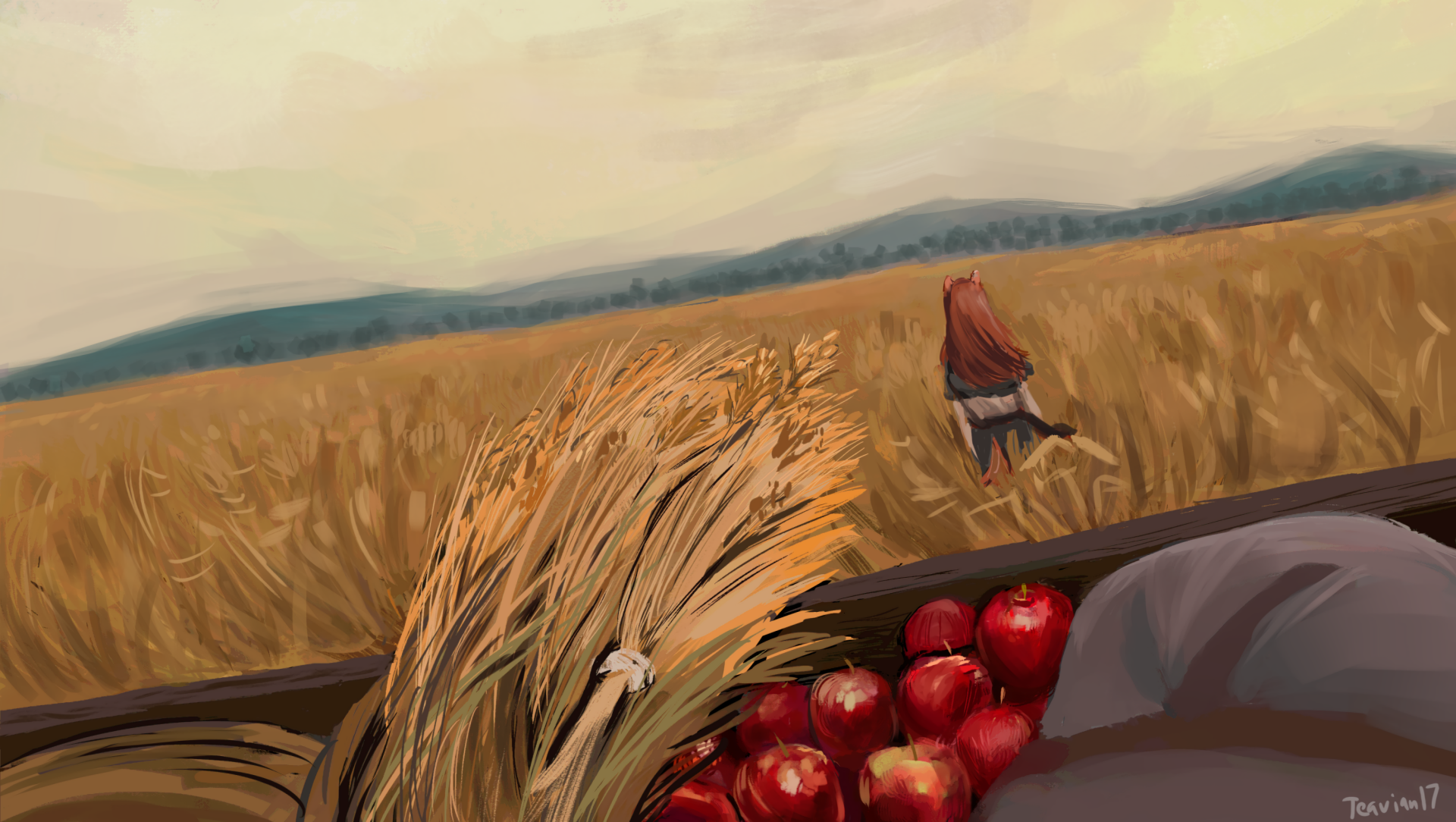 HD anime desktop wallpaper featuring Holo from Spice and Wolf standing in a golden wheat field with a basket of red apples in the foreground.