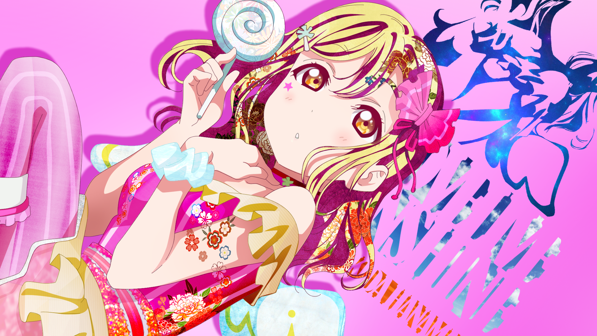 HD PC desktop anime wallpaper of Hanamaru Kunikida (Love Live! Sunshine!!) — blonde with yellow eyes, holding a lollipop against a vibrant pink background.