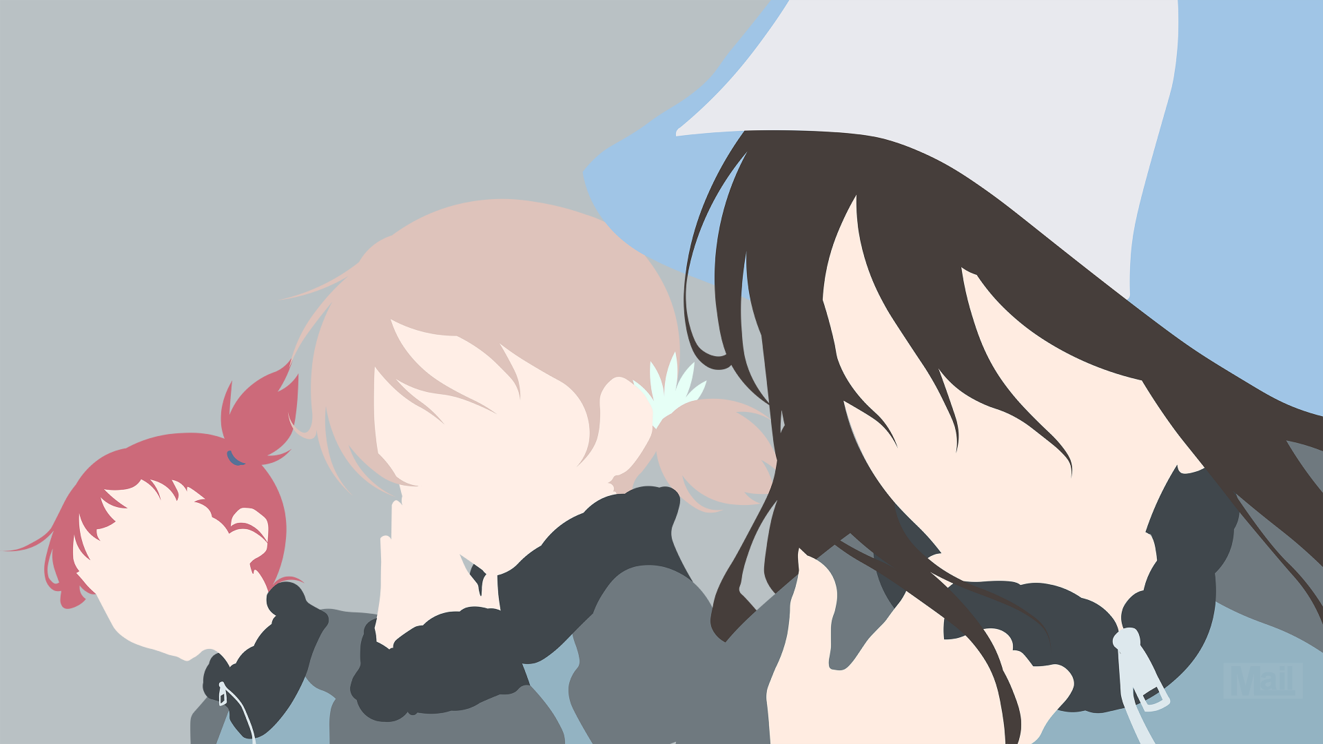 Minimalist vector anime 4K Ultra HD desktop wallpaper: faceless silhouettes of Mika, Mikko and Aki from Girls und Panzer in muted blues and grays.