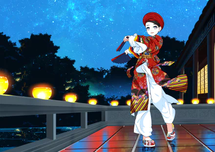Anime-style 4K Ultra HD wallpaper featuring a Yosakoi dancer in vibrant traditional attire under a starry night sky.