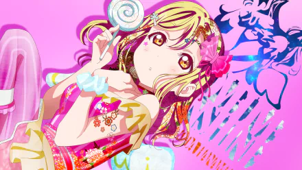 HD PC desktop anime wallpaper of Hanamaru Kunikida (Love Live! Sunshine!!) — blonde with yellow eyes, holding a lollipop against a vibrant pink background.