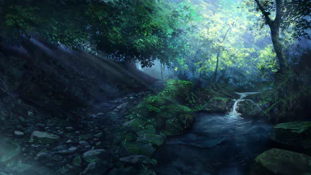 Anime-style HD desktop wallpaper depicting a serene forest scene with sunbeams filtering through foliage onto a tranquil stream.