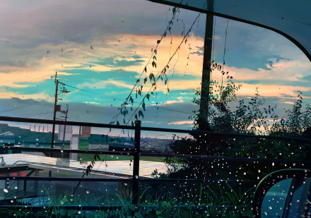 A serene anime scene with raindrops on a window, showcasing a tranquil outdoor view as dusk falls. This HD desktop wallpaper exudes a peaceful ambiance with its detailed and original artwork.
