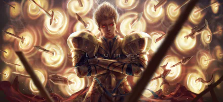 Gilgamesh from Fate/Stay Night stands confidently in golden armor amidst swirling magical circles in this 8K Ultra HD anime PC desktop wallpaper.