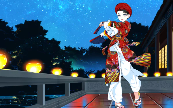 Anime-style 4K Ultra HD wallpaper featuring a Yosakoi dancer in vibrant traditional attire under a starry night sky.