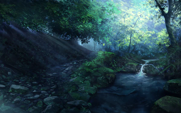 Anime-style HD desktop wallpaper depicting a serene forest scene with sunbeams filtering through foliage onto a tranquil stream.