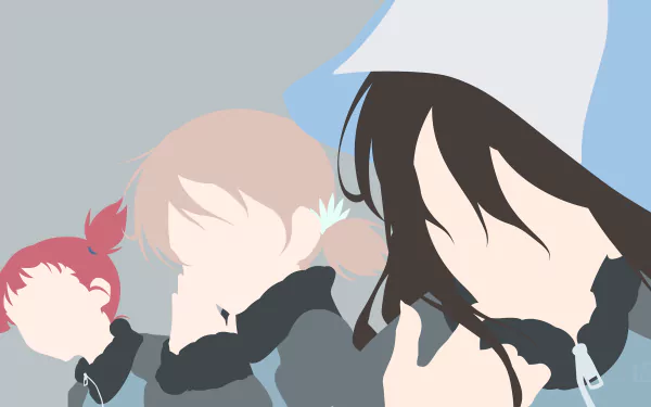 Minimalist vector anime 4K Ultra HD desktop wallpaper: faceless silhouettes of Mika, Mikko and Aki from Girls und Panzer in muted blues and grays.