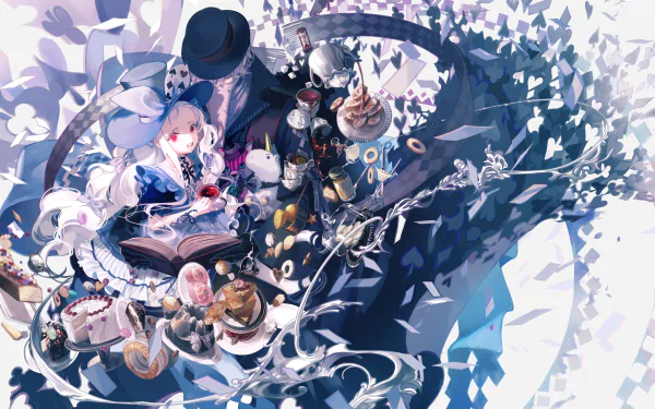Anime-style 4K Ultra HD wallpaper featuring a white-haired character with red eyes, a hat, surrounded by books, tea cups, cakes, and sweets in an Alice in Wonderland theme.