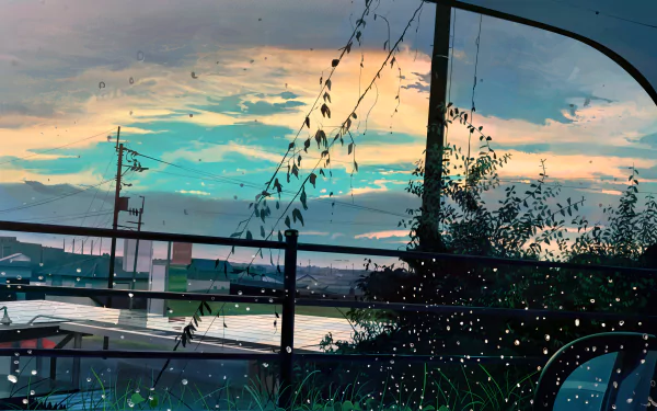 A serene anime scene with raindrops on a window, showcasing a tranquil outdoor view as dusk falls. This HD desktop wallpaper exudes a peaceful ambiance with its detailed and original artwork.