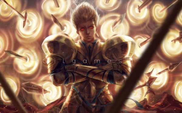 Gilgamesh from Fate/Stay Night stands confidently in golden armor amidst swirling magical circles in this 8K Ultra HD anime PC desktop wallpaper.