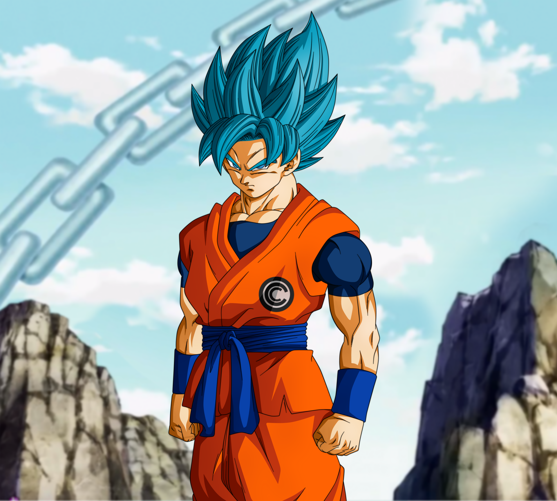 Goku from Dragon Ball Super in his blue hair form stands confidently against a mountainous sky backdrop in this vibrant 4K Ultra HD anime desktop wallpaper.